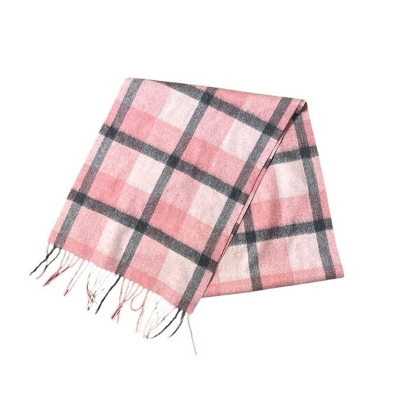 Louisa Perini Pink Gray Plaid 100% Cashmere Scarf Fringe Rectangular - Picture 1 of 3